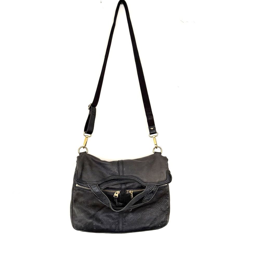 Fossil Erin Foldover Crossbody Tote Bag Pebbled Black Leather Boho Distressed